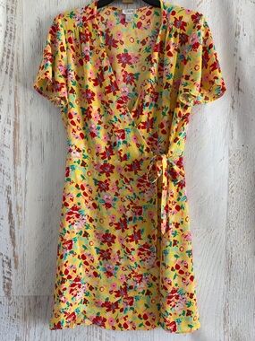 J. Crew Yellow Floral Wrap Mini Dress with Red & Pink Blooms